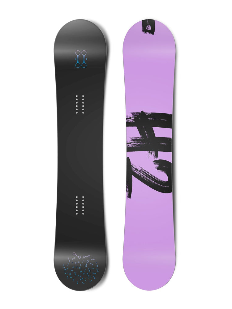 Top and bottom view of a snowboard. The top view shows stylized hydrogen bonds and the bottom view
        shows “H2” in a brush script typeface.