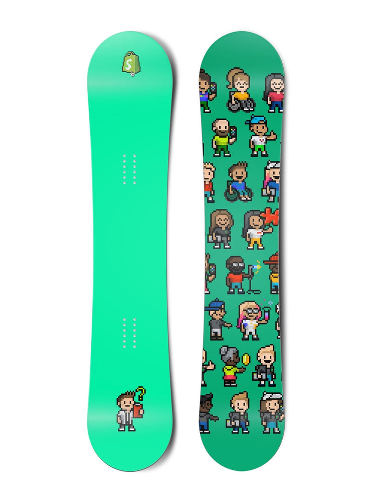 Top and bottom view of a snowboard. The top view shows a pixelated Shopify bag logo and a pixelated
          character reviewing a clipboard with a questioning expression with a bright green-blue background. The bottom
          view is a pattern of many pixel characters with a bright green-blue background.