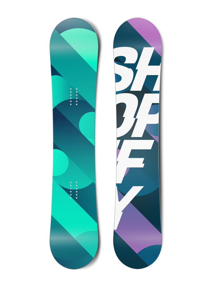 Top and bottom view of a snowboard. The top view shows abstract circles and lines in shades of teal.
          The bottom view shows abstract circles and lines in shades of purple and blue with the text “SHOPIFY” in a
          sans serif typeface on top.