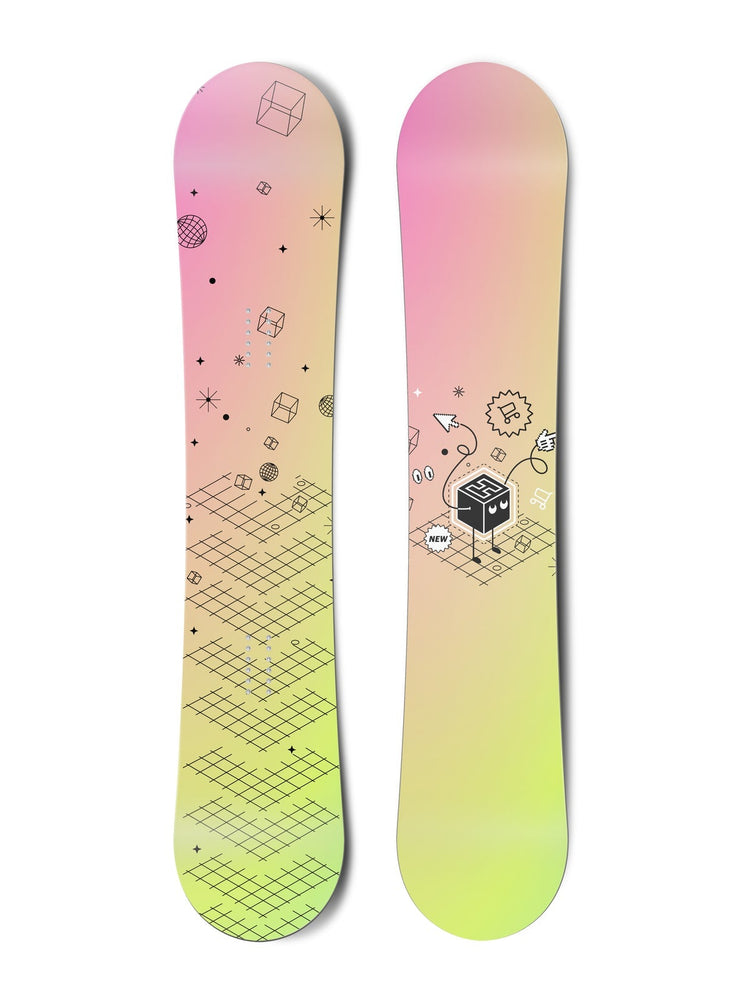 Top and bottom view of a snowboard. The top view shows an illustration with varied outlined shapes
          in black. The bottom view shows a black box character with an H pointing, and surrounded by black outlined
          illustrative elements.