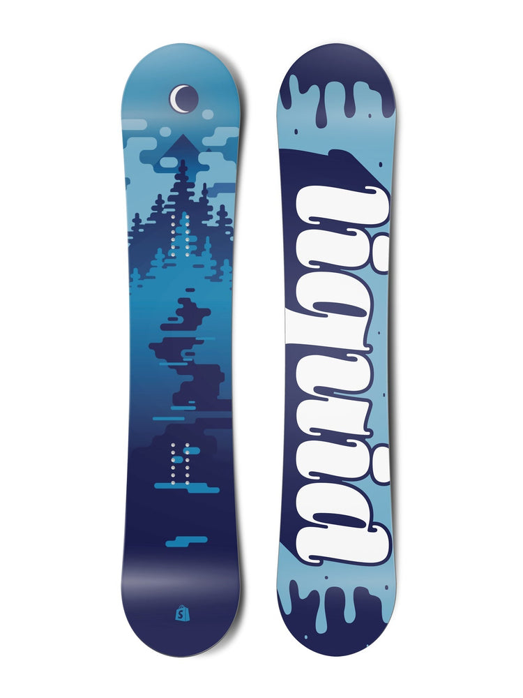 Top and bottom view of a snowboard. The top view shows a stylized scene of water, trees, mountains,
        sky and a moon in blue colours. The bottom view has a blue liquid, drippy background with the text “liquid” in
        a stylized script typeface.