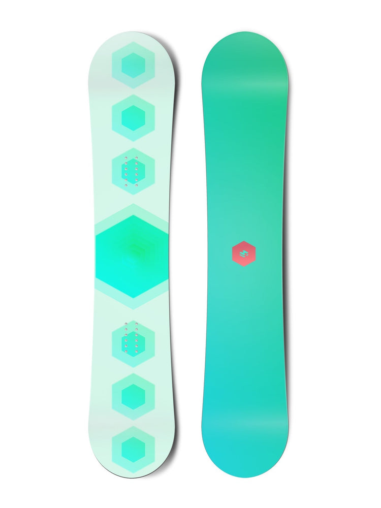 Top and bottom view of a snowboard. The top view shows 7 stacked hexagons and the bottom view shows
          a small, centred hexagonal logo for Hydrogen.