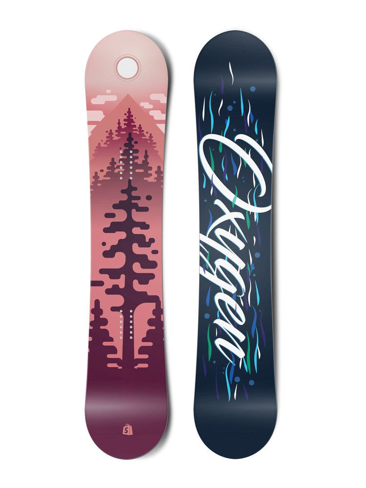 Top and bottom view of a snowboard. The top view shows a stylized scene of trees, mountains, sky and
        a sun in red colours. The bottom view has blue wavy lines in the background with the text “Oxygen” in a
        stylized script typeface.