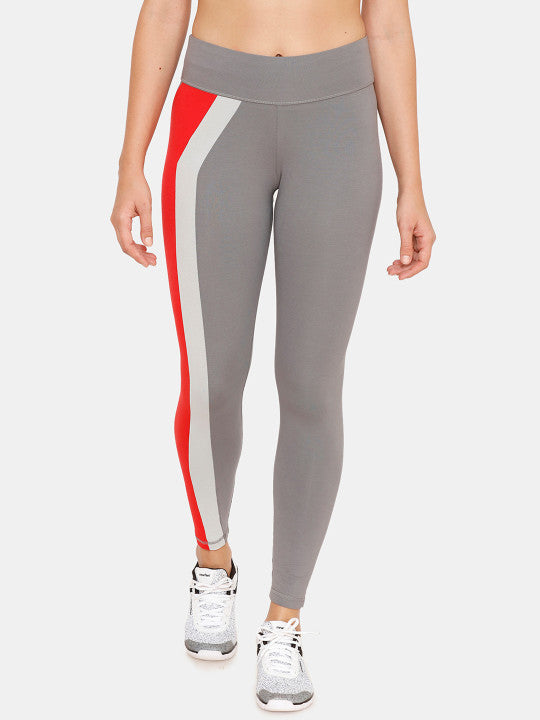 Women Grey & Red Colourblocked Skinny-Fit Tights
