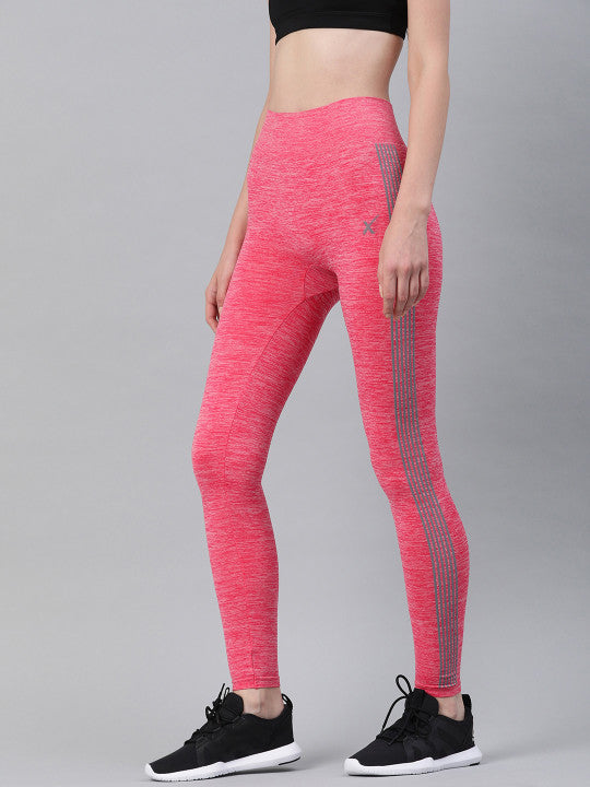 Women Pink Melange Solid Rapid Dry Yoga Tights With Side Stripes